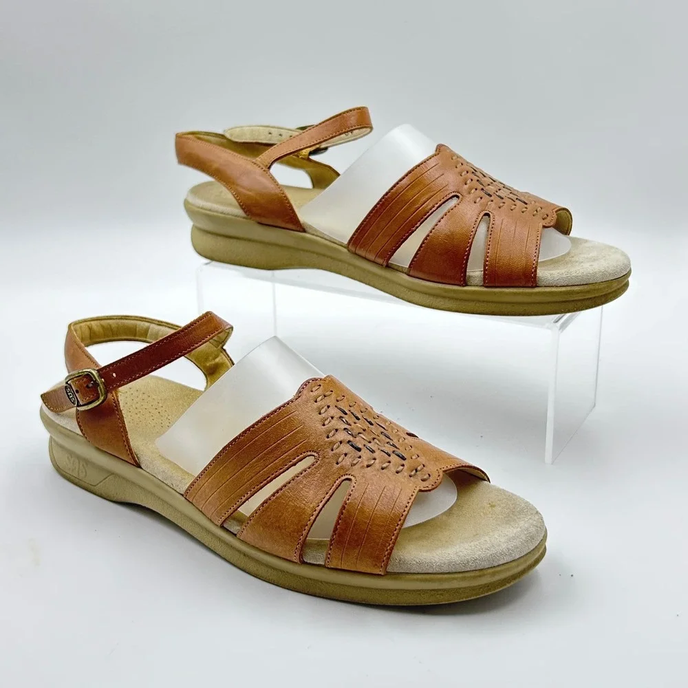SAS‎ Tripad Comfort Sandals Womens 9.5 Slim Brown Leather Laser Cut Slingback 7A